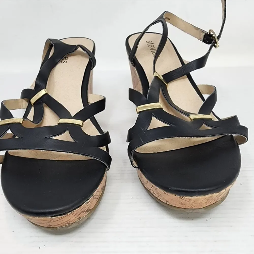 Stevies Black Cork Wedge Sandals‎ Strappy Low Platform Wedge Women's Gift Size 4